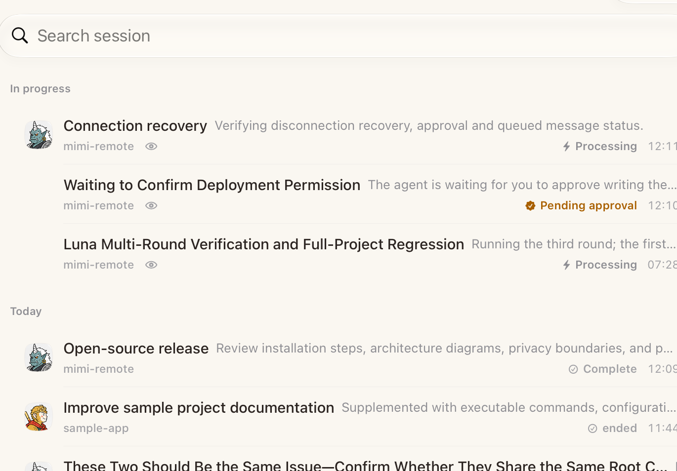 A close crop of the session list: a day heading with several conversations beneath it.